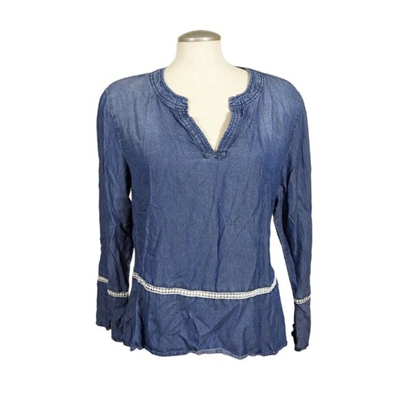Womens XL Chambray Top Lagenlook Blouse Boho Blue Flare Sleeve Lyocell Casual - Picture 2 of 7